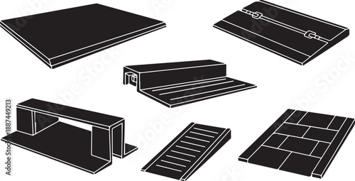 Various black metal plates and brackets on white background