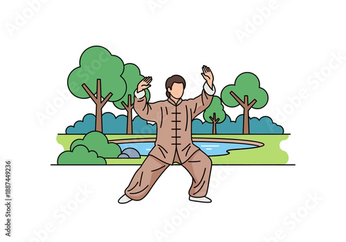 Person Practicing Tai Chi in a Park Setting with Pond and Trees