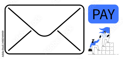 Email notifications, payment reminders, communication tools, teamwork, financial management, online services. Icon of an envelope with Pay, accompanied by a teamwork illustration. Email notifications