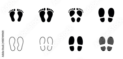 Footprint Icon Set Vector Featuring Solid and Dotted Foot Symbols for Clean UI, Signage, and Digital Design