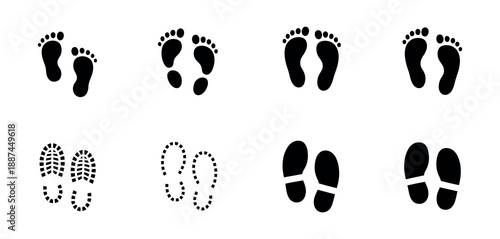 Footprint Icon Set with Solid and Dotted Shapes for clean UI design, signage, and directional labels