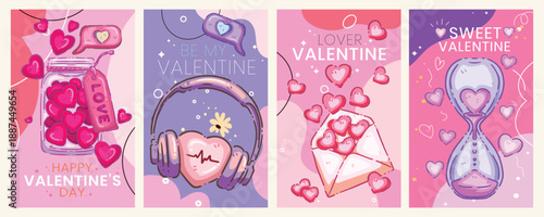 Valentine's Day Greeting Card Set - Kawaii Romantic Illustrations with Hearts, Mason Jar, and Hourglass