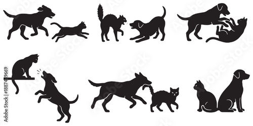 Collection of black silhouettes depicting dogs and cats interacting in various playful and companionable ways.