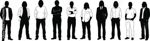 Men silhouettes standing in different poses, casual and formal male fashion styles, urban lifestyle concept, diverse personalities, anonymous people isolated on white background