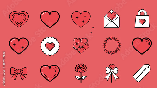 Romantic love and wedding line icon set, red heart and flower symbols, valentine's day decorative outline elements collection