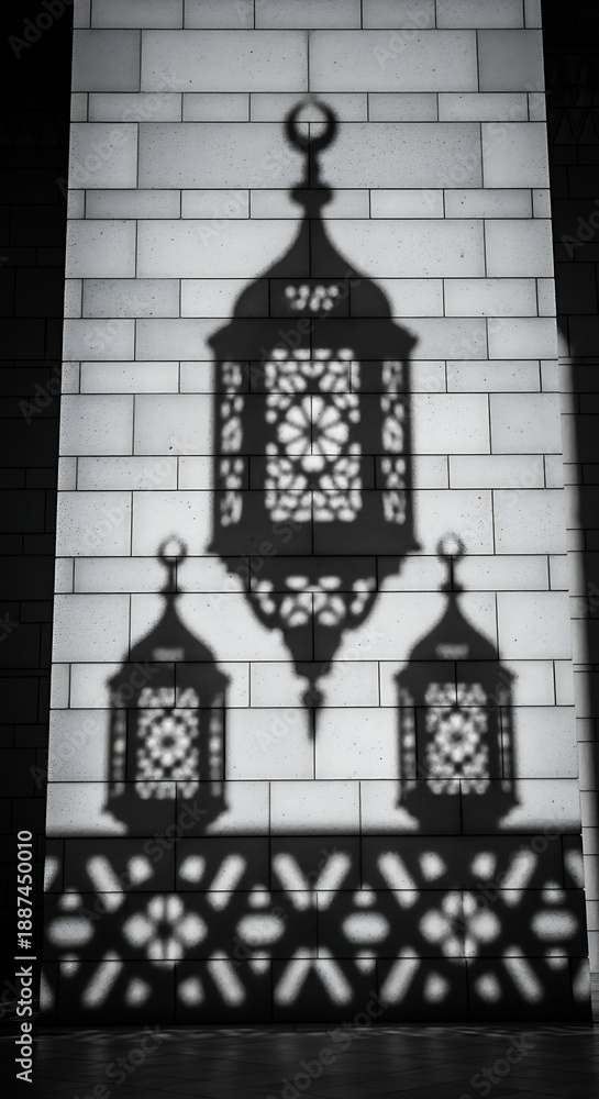 Obraz premium Elegant Ornate Lantern Shadow Projection on White Brick Wall in Low Light Setting
