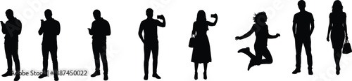 People using smartphones silhouettes set modern men and women standing walking jumping human figures black vector isolated on white illustration collectionPeople using smartphones silhouettes set 