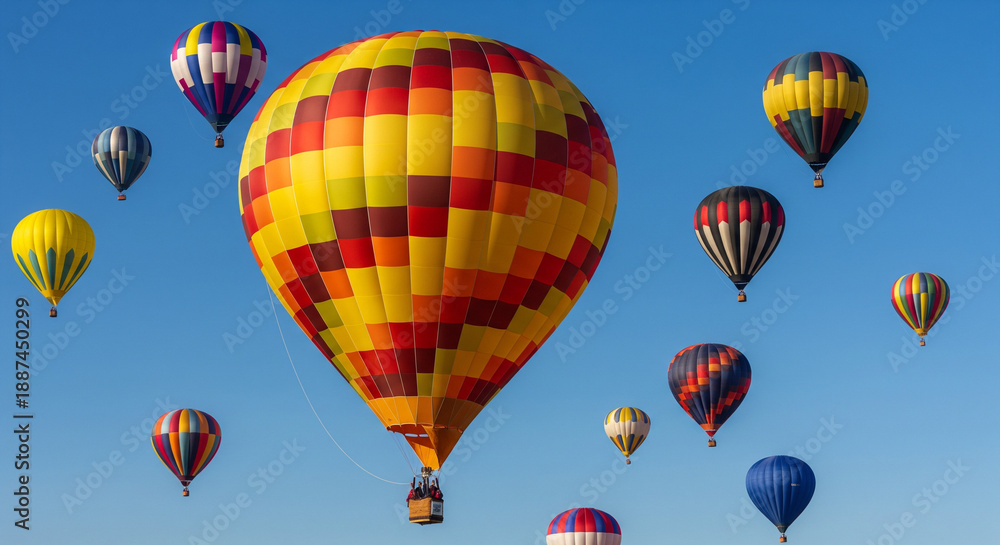 Obraz premium Colorful hot air balloons flying in blue sky during festival celebration travel and adventure concept