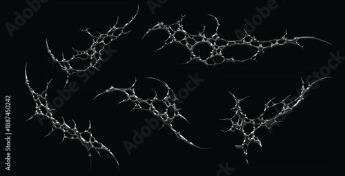 Set 3d chrome metal effect neo tribal y2k gothic style tattoo. Cyber sigilism abstract design. Black flame ornaments with sharp edges and metalcore aesthetic. Vector decorative elements