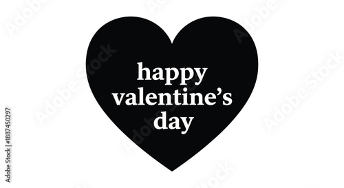 A striking black heart shape displays the text happy valentine s day in a simple elegant white font