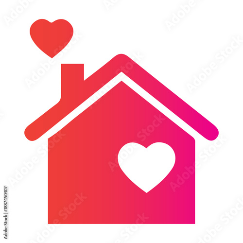 A charming pink house icon with a heart on its side and another heart emanating from the chimney, representing love and home