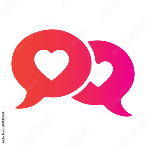 Two chat bubbles with hearts inside, representing a conversation about love or connection, with a gradient from red to pink