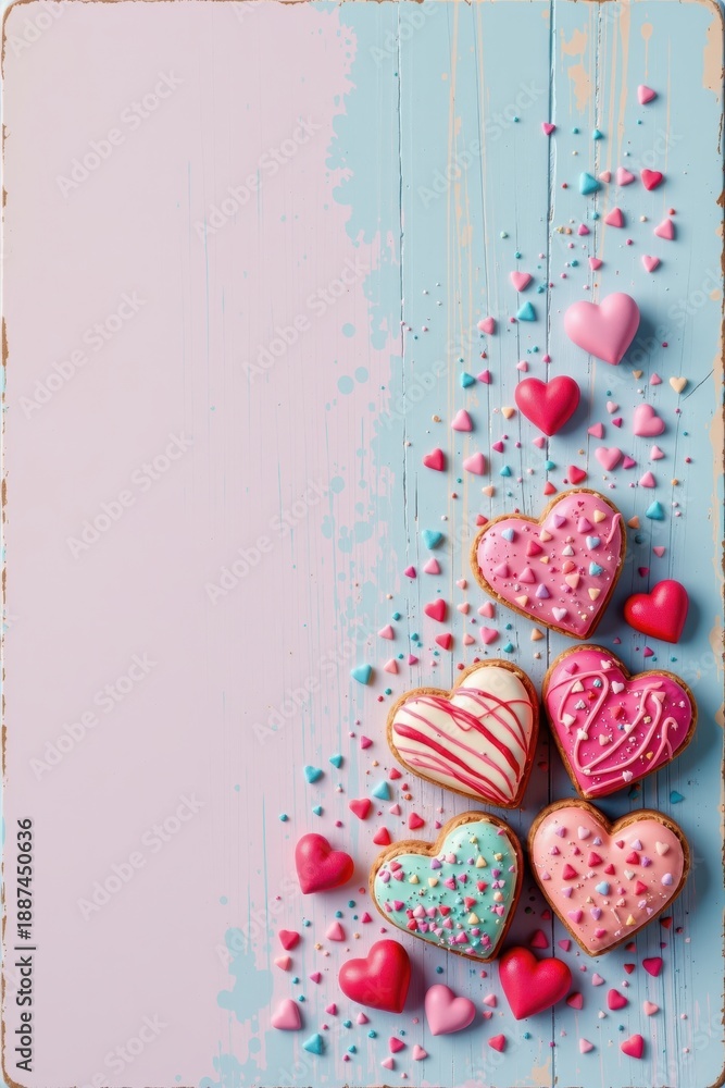 custom made wallpaper toronto digitalA pastel-themed Valentine’s background featuring heart-shaped cookies decorated with colorful icing and sprinkles. Set against a pink and blue painted wooden surface.