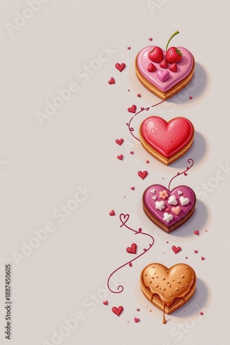 Wallpaper Mural Heart-shaped candies are beautifully arranged vertically, connected by red hearts and intricate curves, conveying sweetness and romance. Perfect for Valentine's Day or a dessert-themed design. Torontodigital.ca