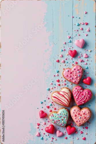 Wallpaper Mural A pastel-themed Valentine’s background featuring heart-shaped cookies decorated with colorful icing and sprinkles. Set against a pink and blue painted wooden surface. Torontodigital.ca