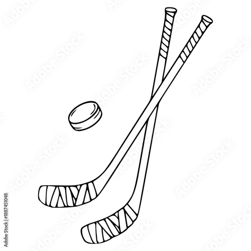 vintage style line art of hockey sticks and puck
