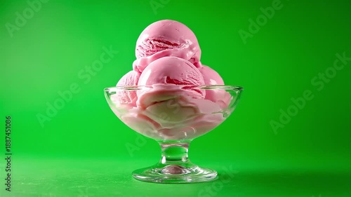 Wallpaper Mural Delicious pink strawberry ice cream scoops served in a glass bowl on green screen Torontodigital.ca