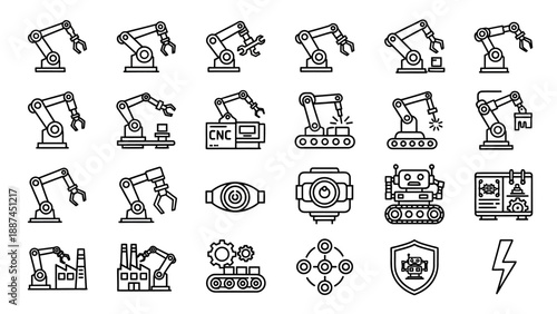 Robotic arms and industrial icons.
