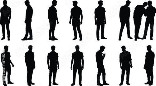 Set of twelve black human silhouette poses showing varied standing gestures, ideal for animation, character modeling, posture studies, and communication design.
