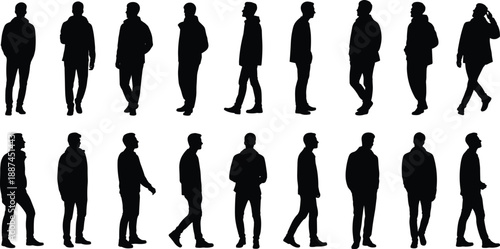 Silhouettes of eighteen male figures in varied standing and walking poses, ideal for motion studies, character design, and posture analysis.