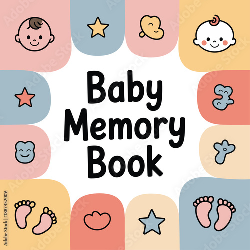 Cute Baby Memory Book Cover Design with Pastel Icons for Cherished Newborn Milestones & First Year Keepsakes