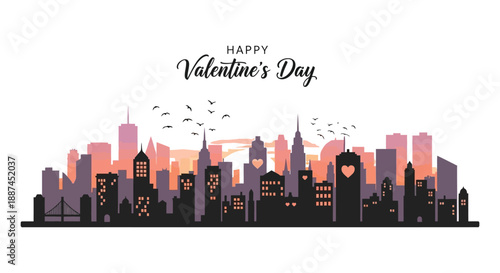 A romantic valentine s day cityscape illustration depicts a silhouetted skyline with flying birds and a heart shaped balloon