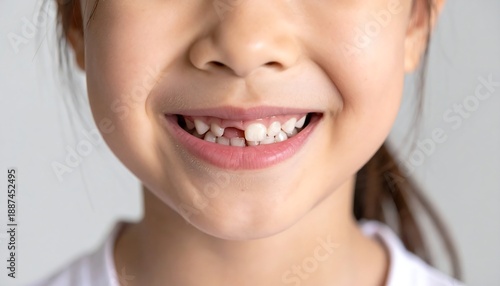 A young girl's smiling face with a missing tooth