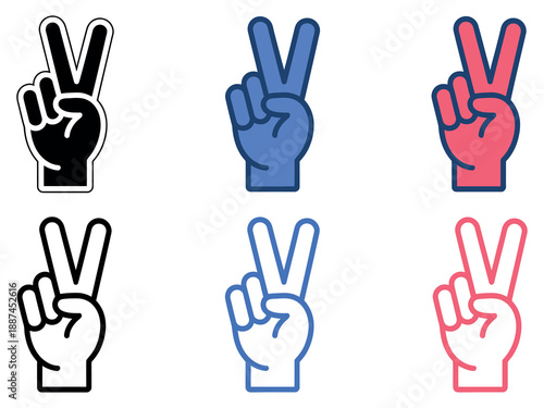Peace Hand Gesture Icon Set featuring the classic V-sign in bold filled and clean outline vector styles