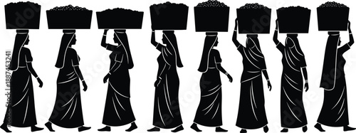 Rural women silhouettes carrying baskets on heads, traditional village lifestyle concept, agricultural labor, cultural heritage, walking figures isolated on white background