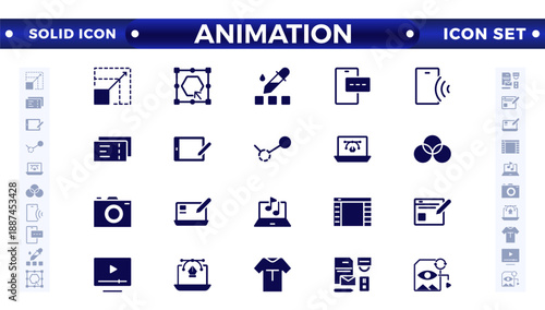 Animation solid icon set. Containing movement, Motion, speed, swing, dynamic, position, acceleration, running, rotation, bounce, and motion sensor icons. 