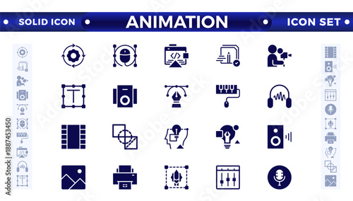 Animation solid icon set. Containing movement, Motion, speed, swing, dynamic, position, acceleration, running, rotation, bounce, and motion sensor icons. 