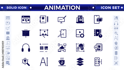 Animation solid icon set. Containing movement, Motion, speed, swing, dynamic, position, acceleration, running, rotation, bounce, and motion sensor icons. 