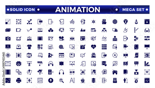 Animation solid icon set. Containing movement, Motion, speed, swing, dynamic, position, acceleration, running, rotation, bounce, and motion sensor icons. 