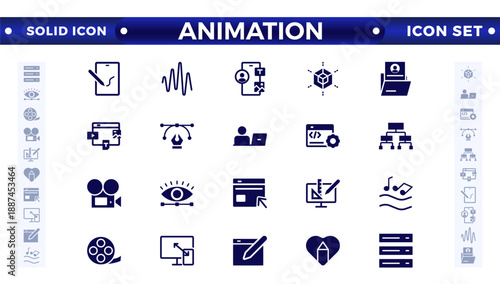Animation solid icon set. Containing movement, Motion, speed, swing, dynamic, position, acceleration, running, rotation, bounce, and motion sensor icons. 
