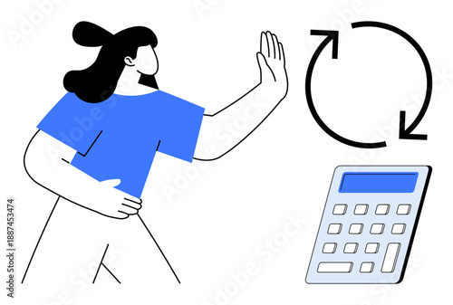 Financial management, budget planning, data syncing, calculation accuracy, workflow optimization, personal finance. A woman gestures stop near a calculator and a sync symbol. Financial management