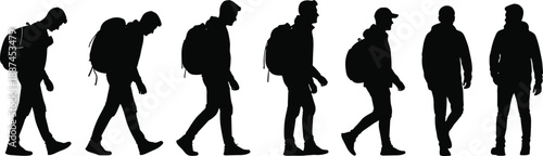 Walking man silhouettes with backpack sequence isolated on white background showing traveler hiker pedestrian movement outdoor lifestyle illustration concept