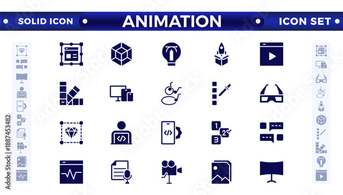 Animation solid icon set. Containing movement, Motion, speed, swing, dynamic, position, acceleration, running, rotation, bounce, and motion sensor icons. 