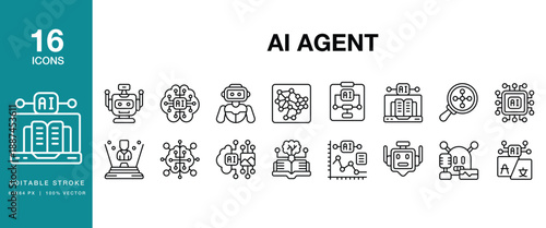 AI Agent icon set. Includes ai, agent, chatbot, virtual, assistant, autonomous, smart and More. Editable Stroke Icon Collection.