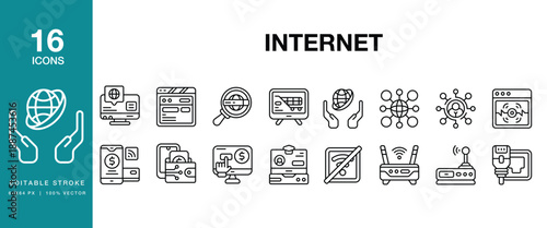 Internet icon set. Includes internet, online, web, digital, network, wifi, broadband and More. Editable Stroke Icon Collection.