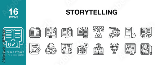 Storytelling icon set. Includes storytelling, story, tale, narrative, plot, character, hero and More. Editable Stroke Icon Collection.
