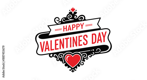 A decorative valentine s day emblem features ornate swirls a heart and a ribbon banner with celebratory text