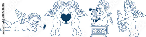 Vintage cherub illustration set classical cupid angels playing trumpet harp holding heart wine bottle decorative renaissance line art ornamental romantic baroque engraving style collection