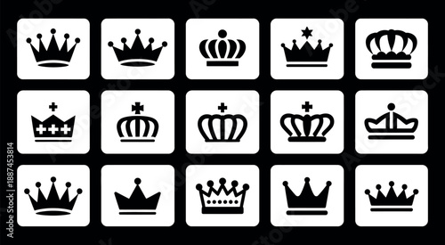Royal Crown Icon Set Vector Featuring Black Silhouette King, Queen, Imperial, and Heraldic Crowns