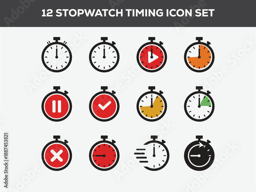 Stopwatch Timer Icons Set for Time Management, Countdown and Productivity.