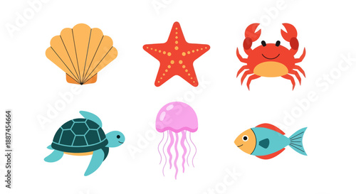 Colorful marine life illustrations featuring various ocean creatures on white background