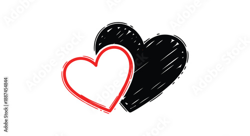 A striking illustration depicts two hearts one vividly red and the other dark black visually representing contrasting love or emotions