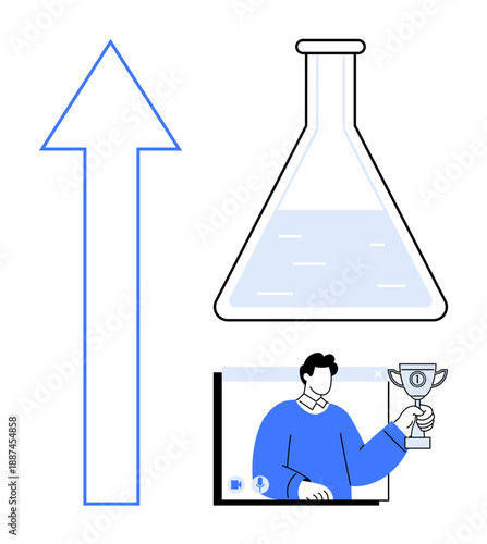 Upward arrow symbolizing growth, science flask for innovation, person holding trophy for success. Ideal for progress, research, achievement, innovation, education, career growth motivation