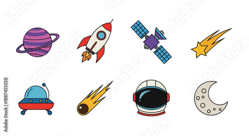 Colorful space elements illustration rocket ship planet satellite and more