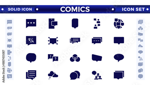 Comics solid icon set. Speech bubble solid icon big set. Talk, people, man, user, dialog, chat, cloud, etc. Talking, speaking, chatting, screaming, laughing, thinking, dreaming bubbles.