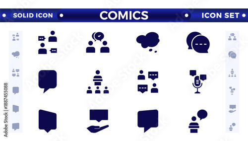 Comics solid icon set. Speech bubble solid icon big set. Talk, people, man, user, dialog, chat, cloud, etc. Talking, speaking, chatting, screaming, laughing, thinking, dreaming bubbles.
